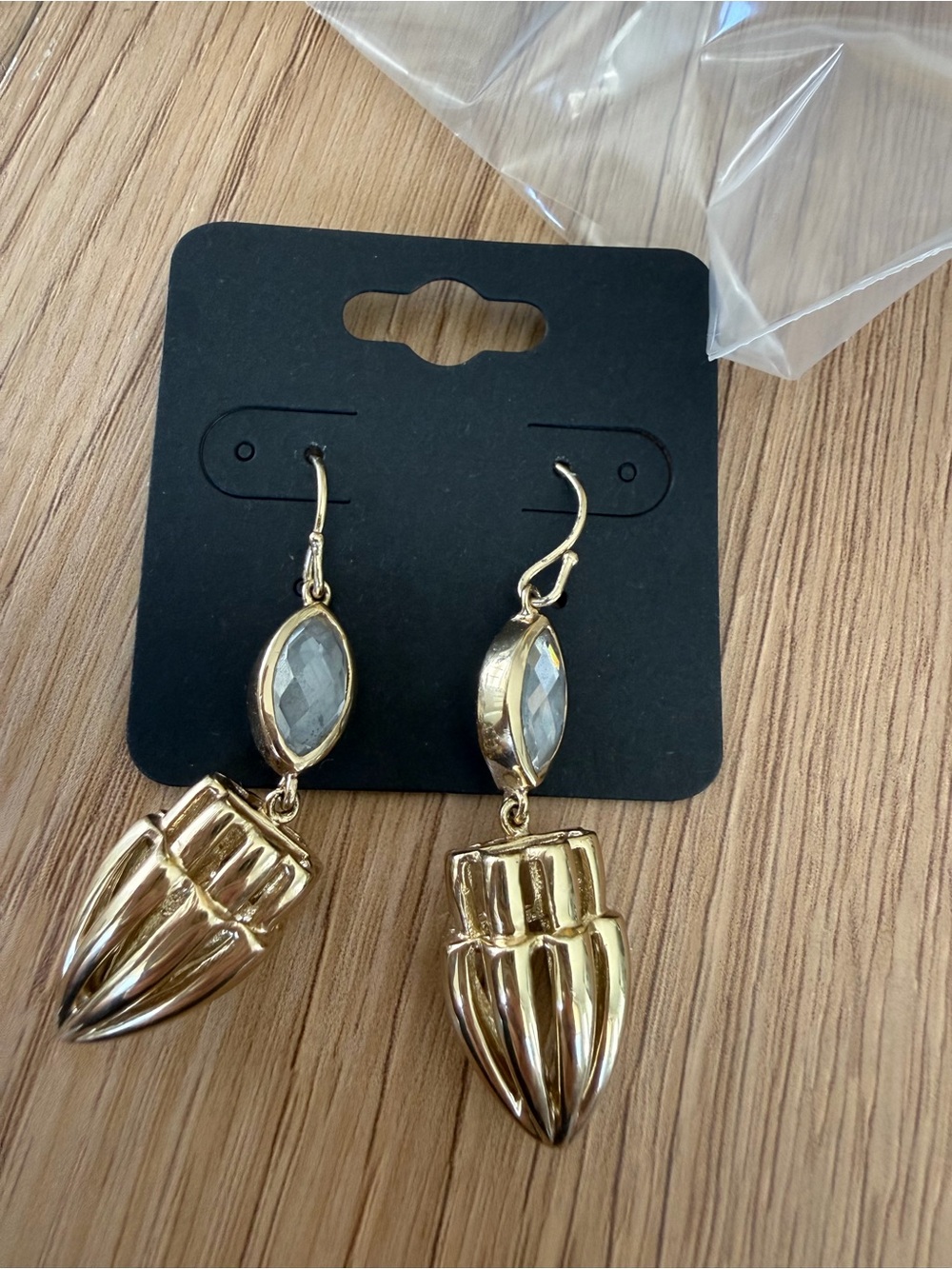 Gold Drop Earrings with Faceted Gray Stone